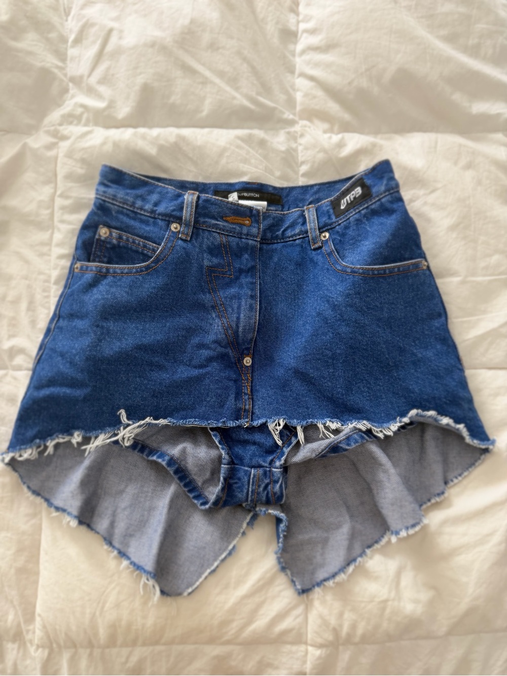 High-Low Distressed Denim Mini Skirt - Blue